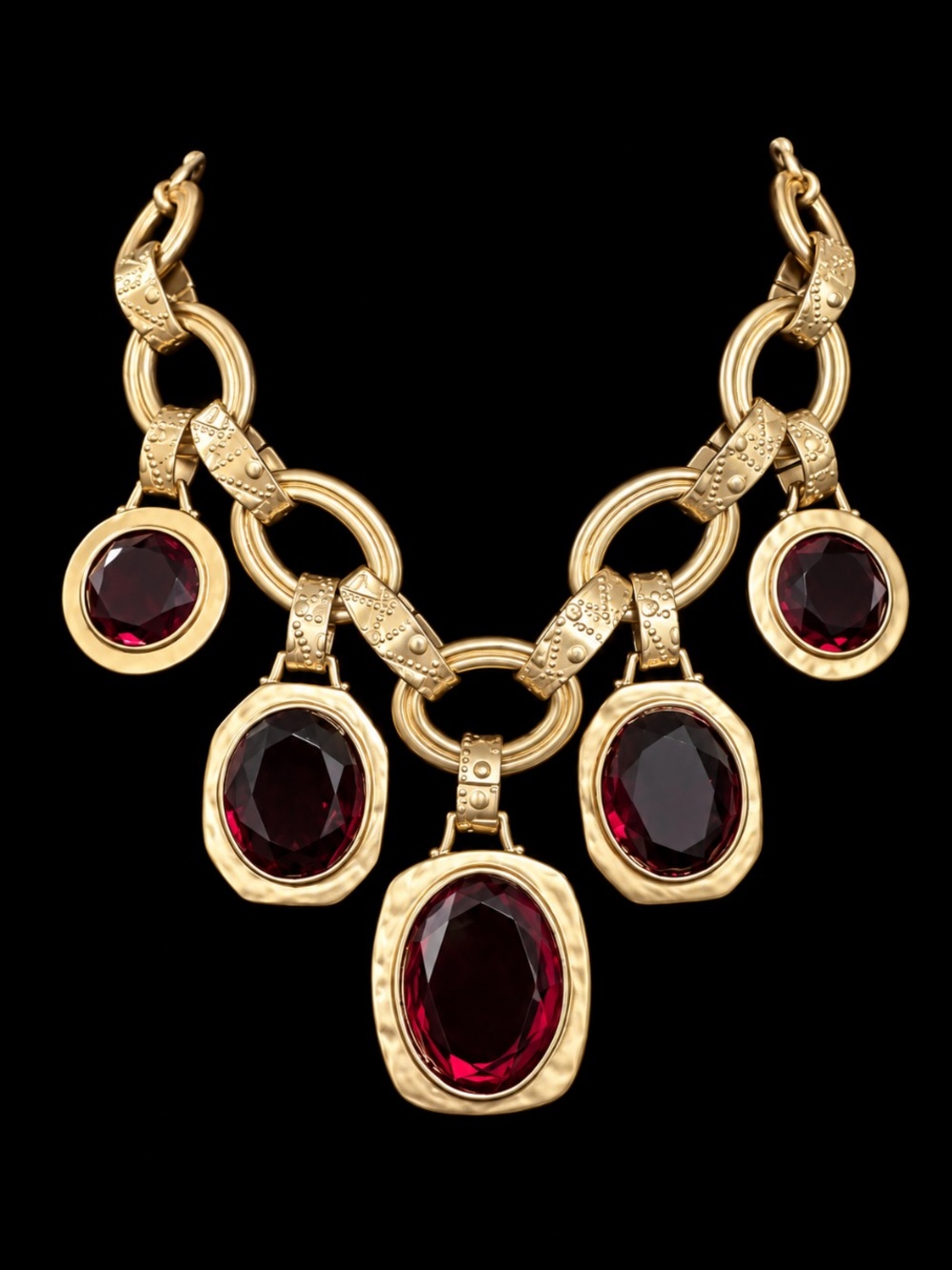 Gold-Tone Necklace with Deep Red Gemstone Drops